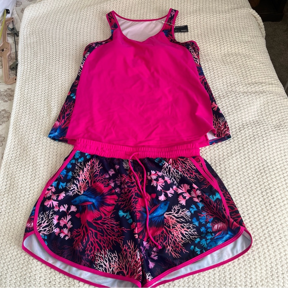 NWT Hot Pink Tankini & Short Two-Piece Set Sz 16 Fish Print Swim Resort Vacay